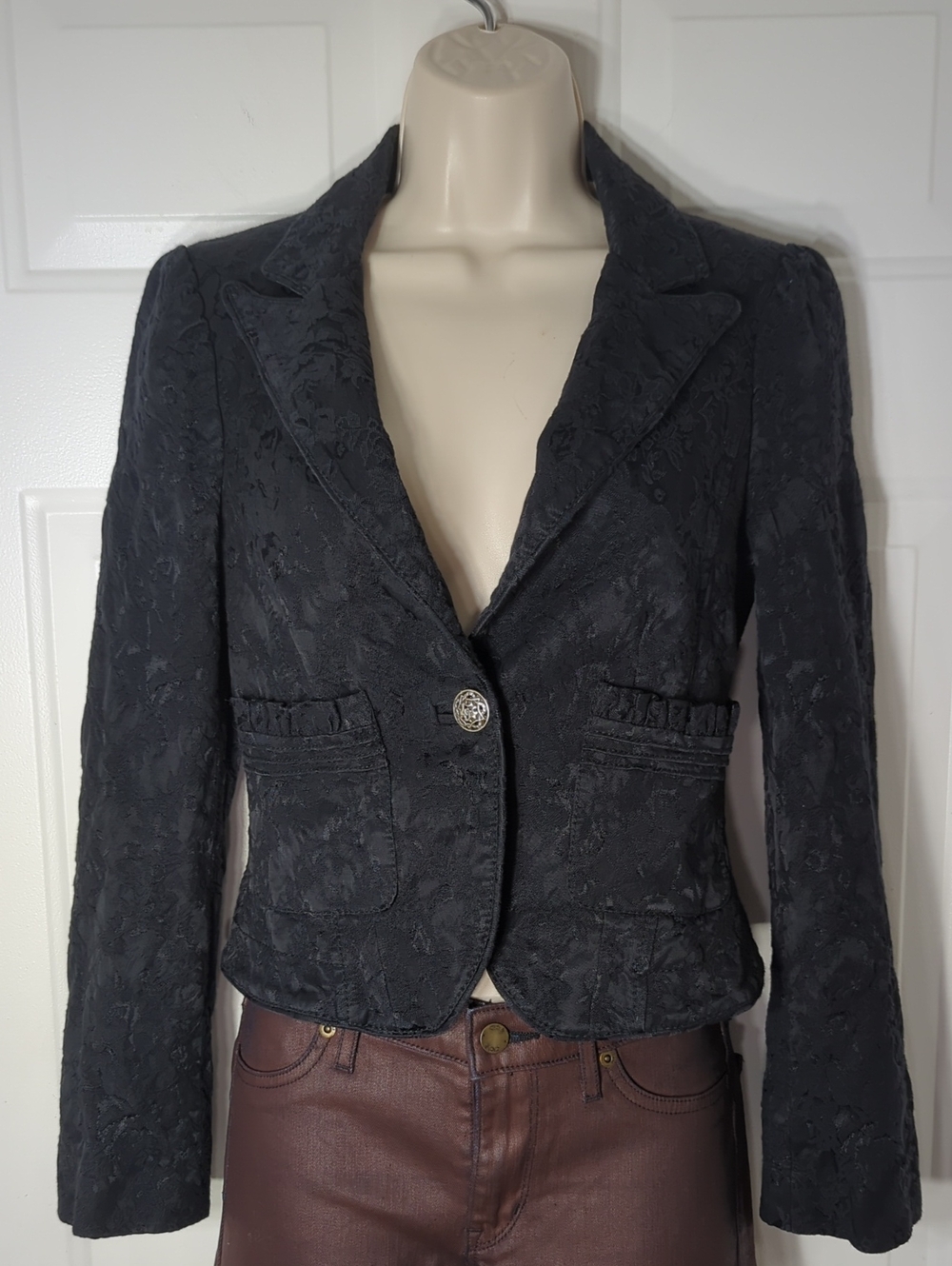 Vintage Y2K Bebe Blazer Jacket Floral Jacquard Brocade Cherub Lining - Picture 10 of 14